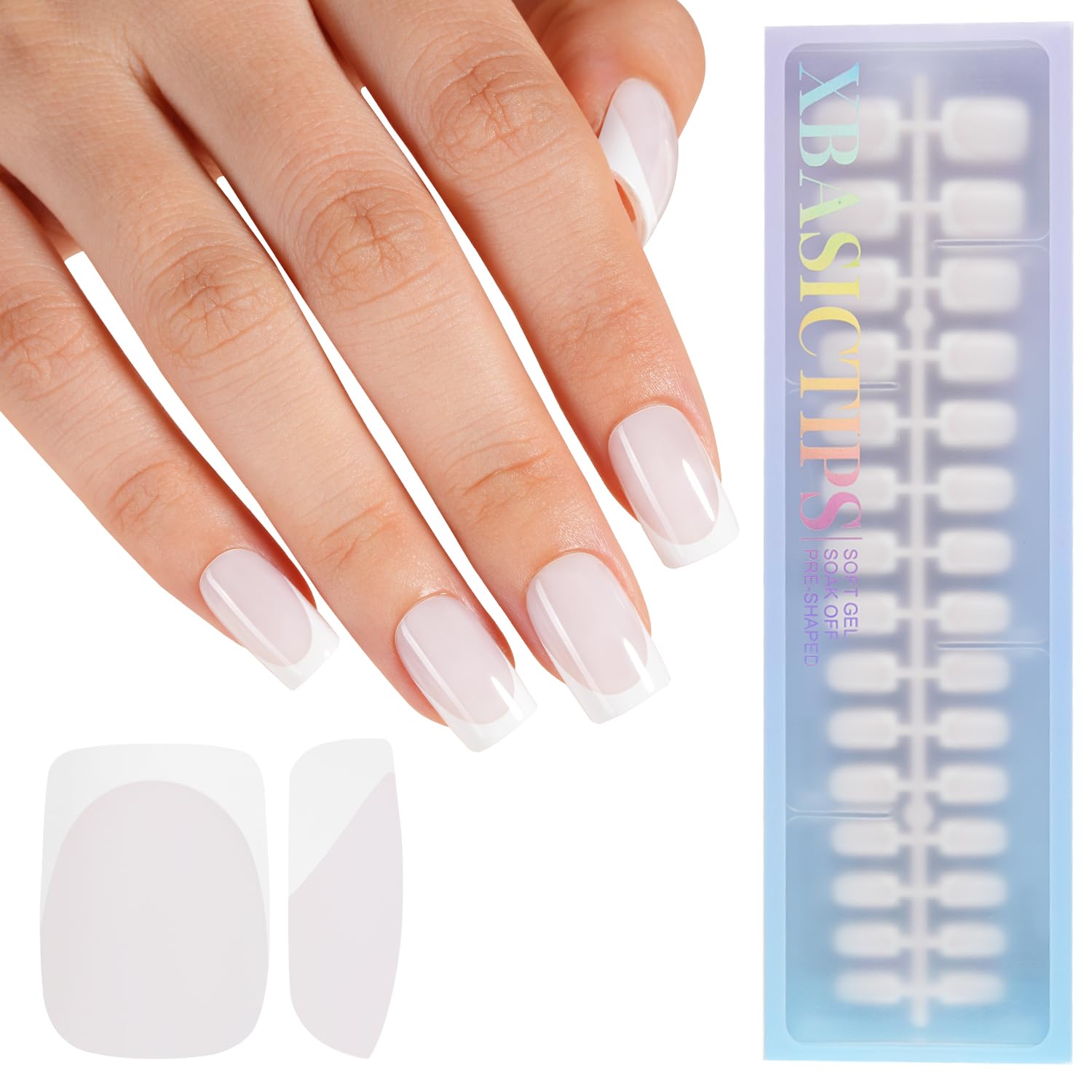 Misssix XBASICTIPS French Tip Press On Nails, 150 Pcs Short Square French Gel Nail Tips, Soft Gel Pre-shaped No File Need Fake Nails for Nail Art DIY Extension Designs, 15 Sizes